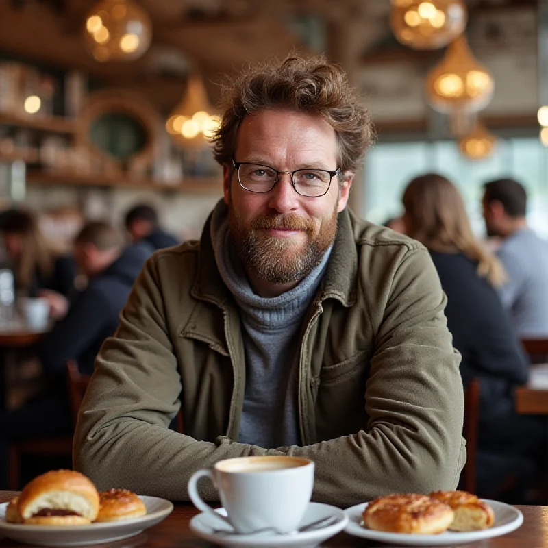 Joe Baur sitting at a cafe in Berlin