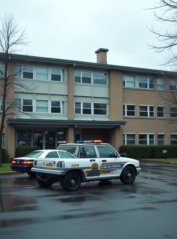 A school building with a police car parked outside