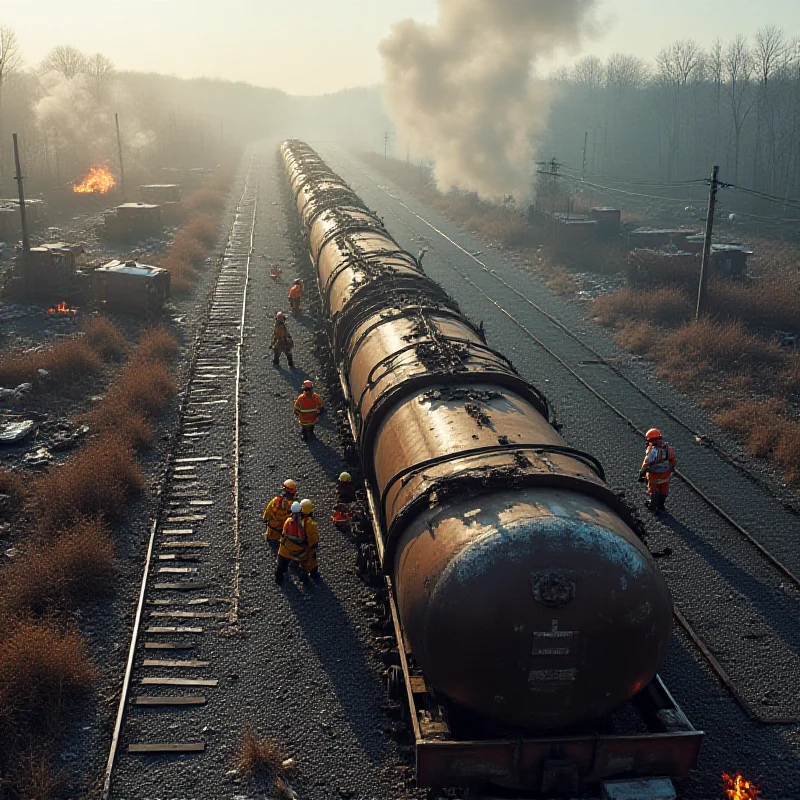 Drone view of the aftermath of a train tanker explosion with firefighters working on the scene