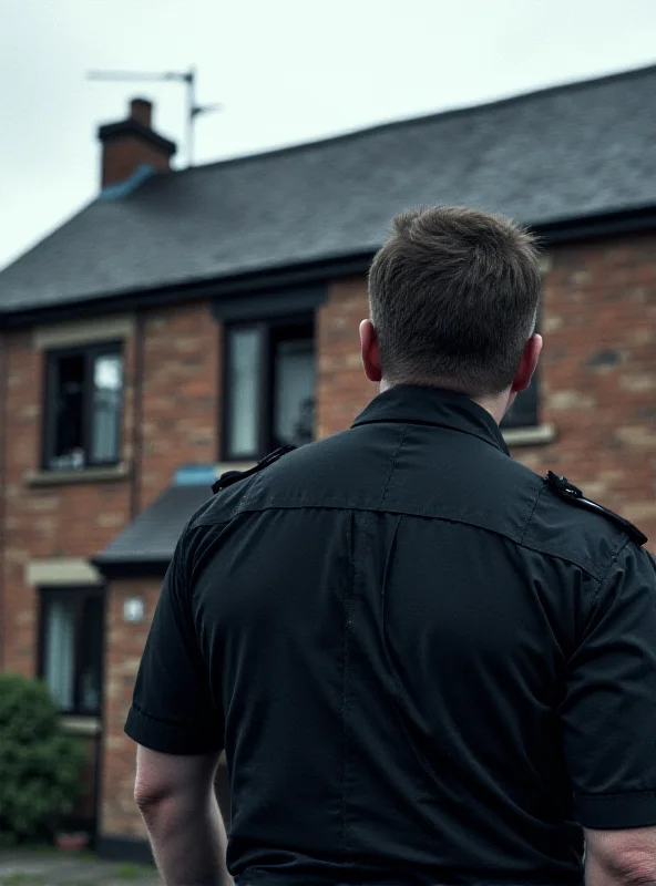 Image of a somber police officer standing in front of a fire-damaged house in Bradford, UK. The scene is overcast and reflects the gravity of the situation.