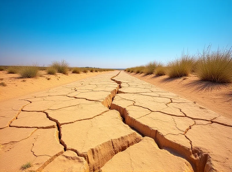 A dry, cracked riverbed in a drought-stricken area.