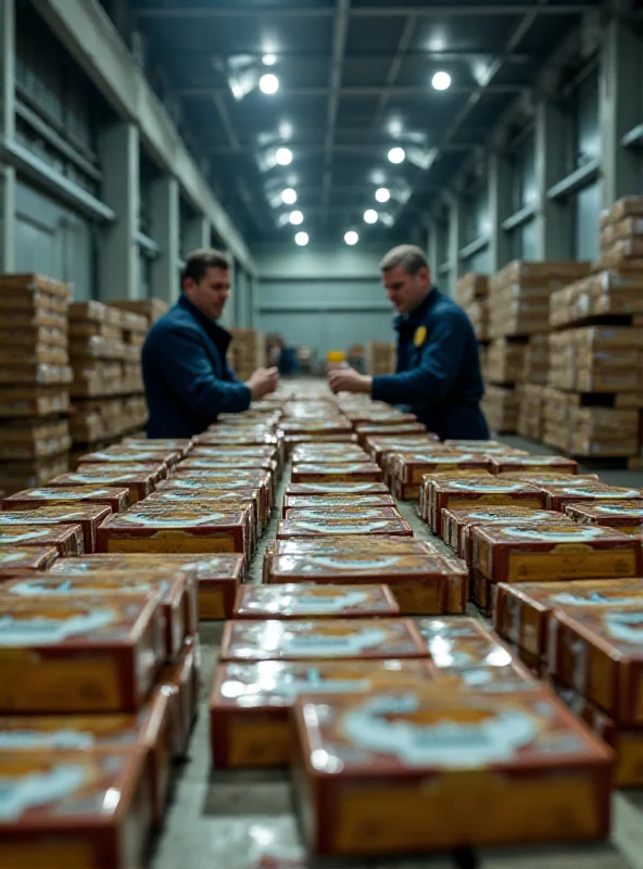 Stacks of cigarette packs inside a warehouse, with law enforcement officers in the background.