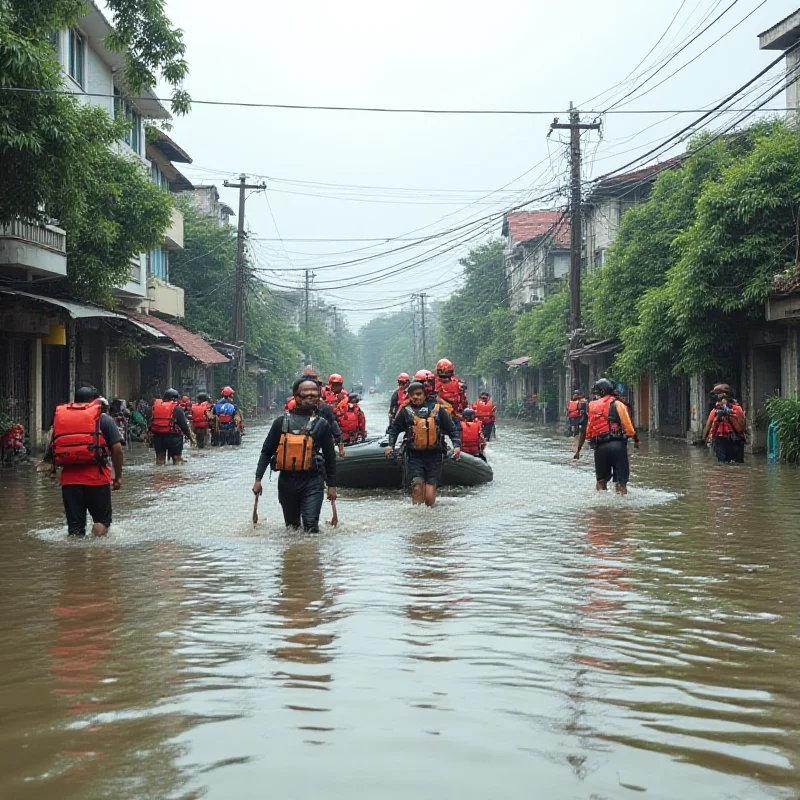 Flooded streets in Jakarta, with people wading through waist-high water and rescue teams evacuating residents.