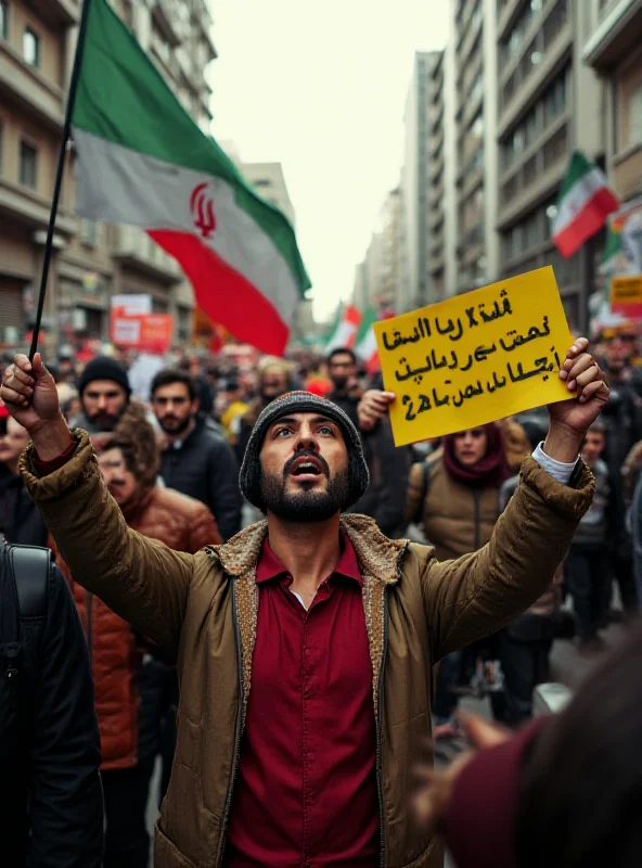 A protest in Iran against the rising cost of living and economic mismanagement, with people holding signs and banners.