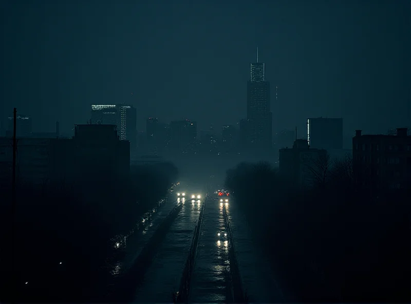 A darkened city skyline at night, only illuminated by the headlights of scattered cars and emergency vehicles.