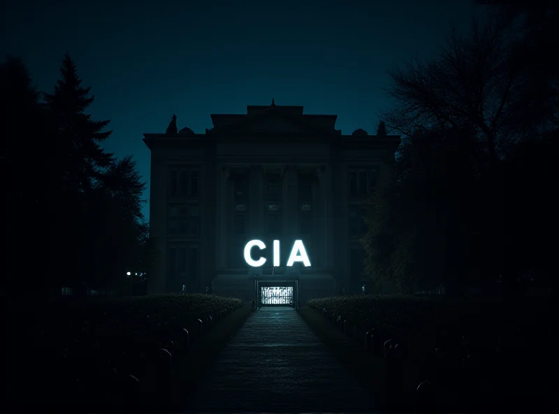 Image of the CIA headquarters building at night, with a dramatic, slightly ominous lighting.