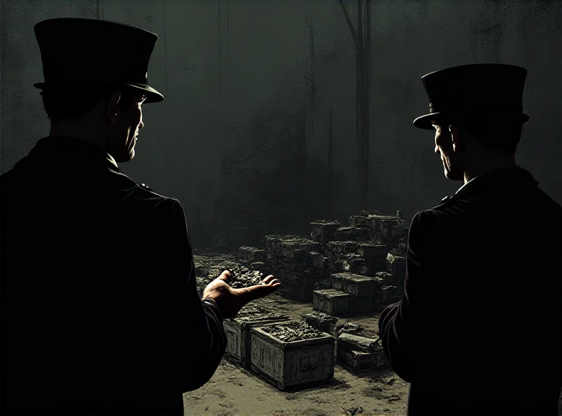Illustration of weapons being sold on a black market, with a shadowy figure in the background.