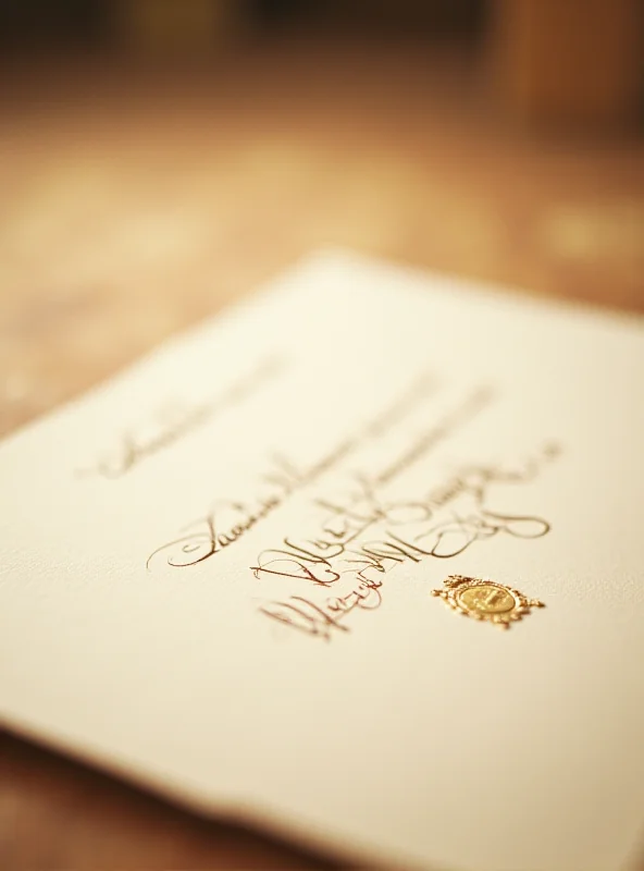 Close-up image of an invitation letter with elegant script and a royal seal.