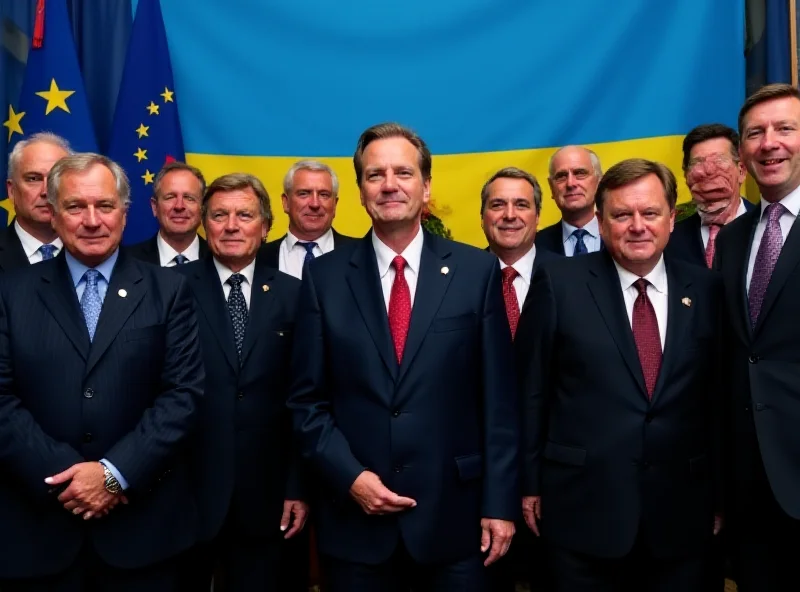 European leaders standing together in a show of solidarity, with the Ukrainian flag prominently displayed