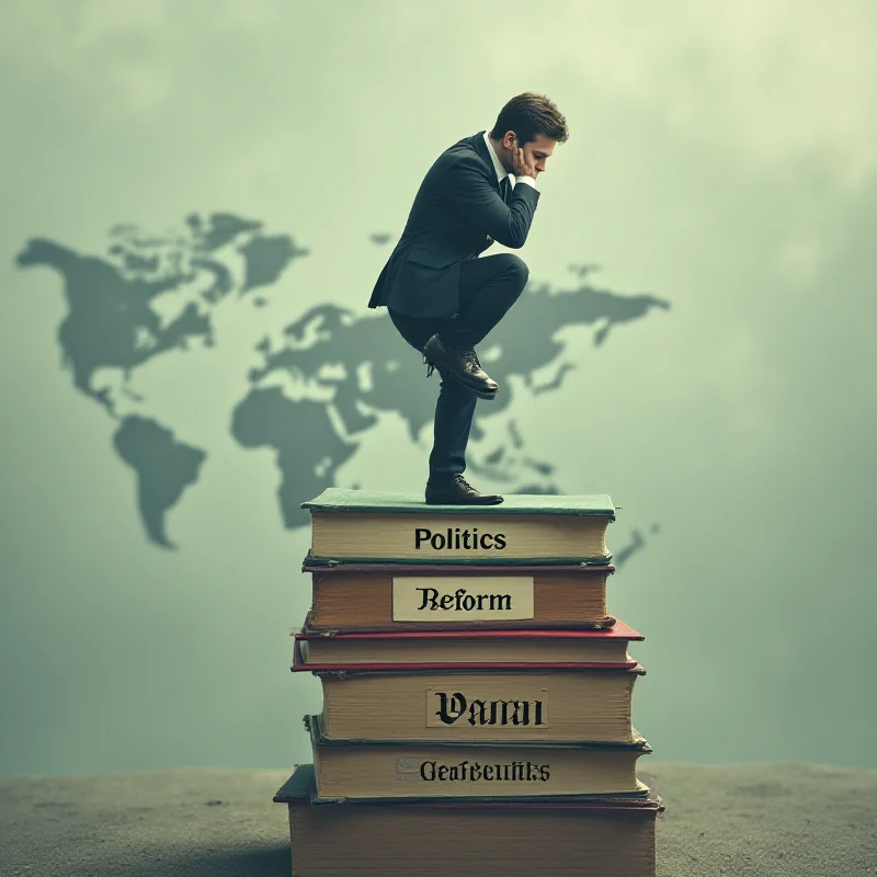 Digital art depicting a person balancing precariously on a stack of books labeled 'Politics', 'Reform', and 'Geopolitics', symbolizing the delicate balance of global affairs.