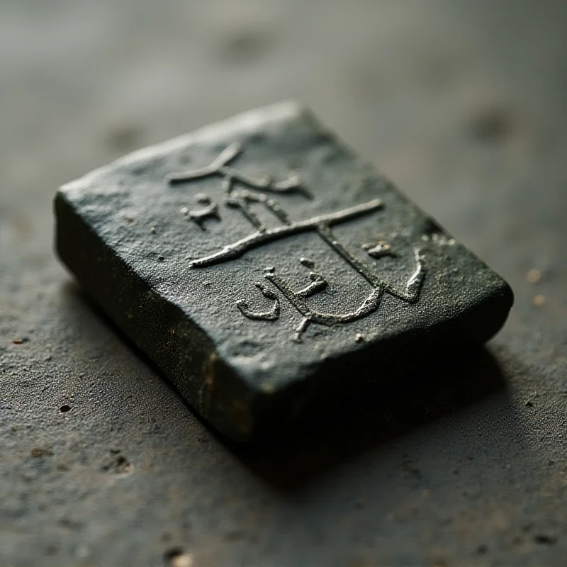 A close-up of a small, weathered tablet from the Bronze Age, possibly containing ancient symbols or writing.