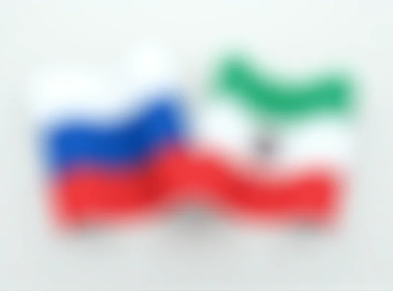 Image of Russian and Iranian flags displayed together, symbolizing their strategic alignment.