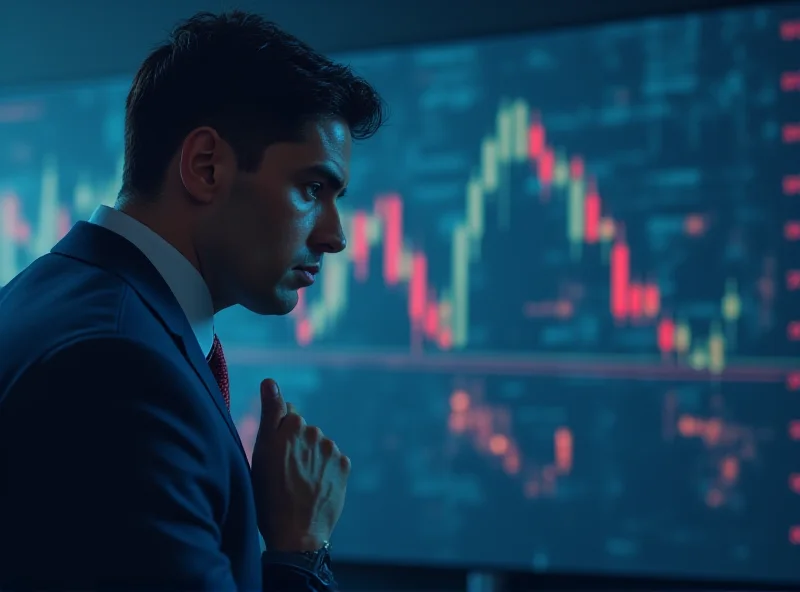 Illustration of a downward trending stock chart with a worried investor looking at it.