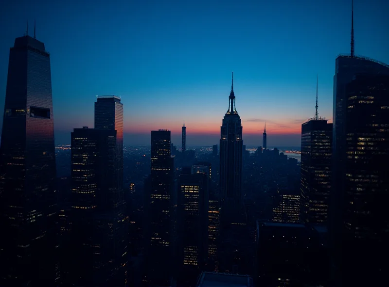 A silhouetted cityscape of Wall Street at dusk.