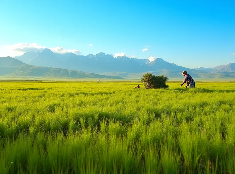 A field of crops in Kyrgyzstan with a farmer tending to the plants.