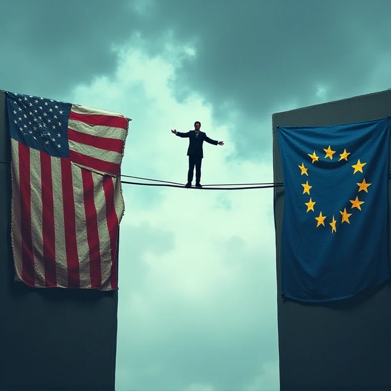 Symbolic image of a tightrope walker with the US and EU flags in the background