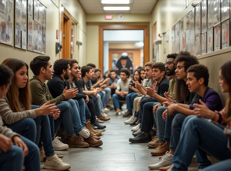 A group of students sitting on the floor of a college building protesting, holding signs and chanting.