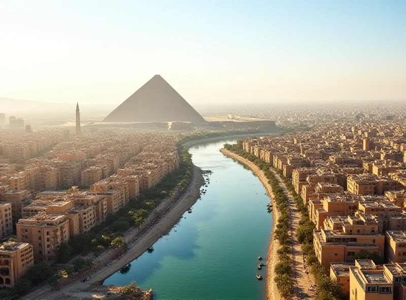 Aerial view of Cairo, Egypt, with the Nile River flowing through the city.