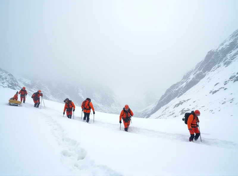 Image of Indian rescue workers searching through snow after an avalanche.