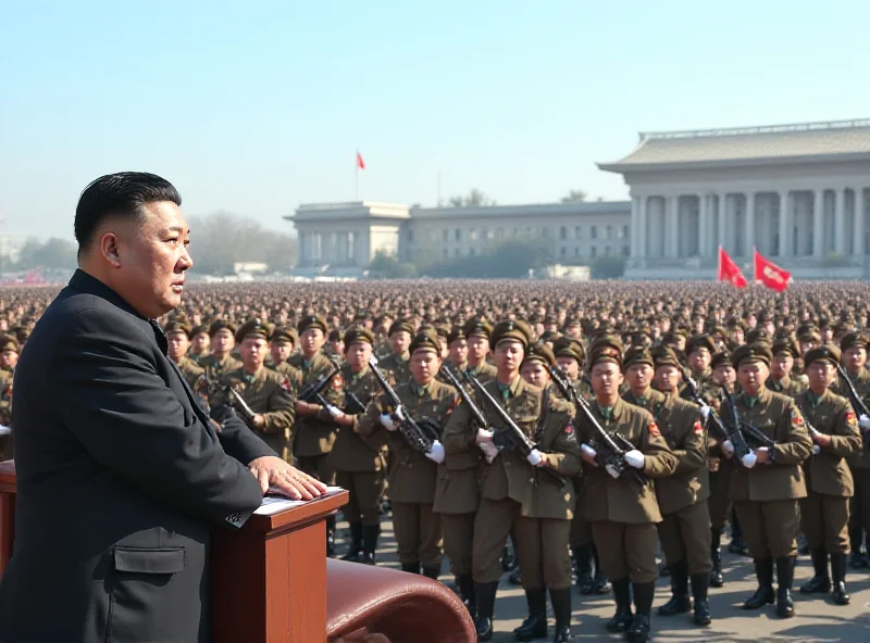 Military parade in North Korea with soldiers marching in formation, holding rifles. Kim Jong-un is observing from a podium.