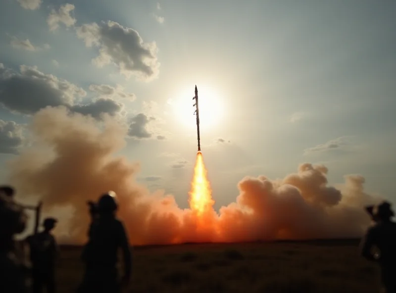 A North Korean missile launch with smoke and fire, viewed from a distance. A cloudy sky is in the background.