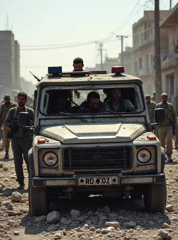 A damaged police vehicle in a war-torn Syrian town, with debris scattered around. Armed men are visible in the background.