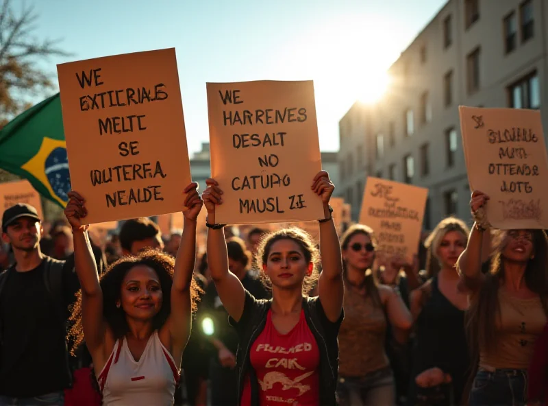 A group of students in Brazil holding signs protesting the heatwave, with the Brazilian flag visible in the background. The sun is shining intensely.