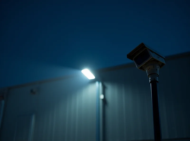 A security camera overlooking a warehouse at night