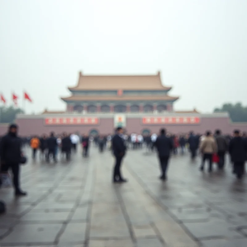A wide shot of Tiananmen Square in Beijing, with the Great Hall of the People in the background, symbolizing the Two Sessions parliamentary meeting.