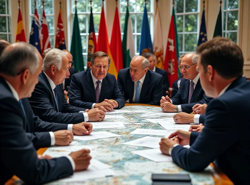 A group of international diplomats in a heated discussion, with maps and documents spread across the table. Flags of various nations are visible in the background.