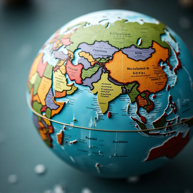 A close-up of a world globe, with focus on the regions of Europe, Asia, and North America, highlighting the interconnectedness of global events.