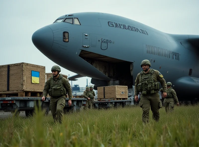 Military equipment being unloaded from a cargo plane in a field. A Ukrainian flag is subtly visible on one of the crates.
