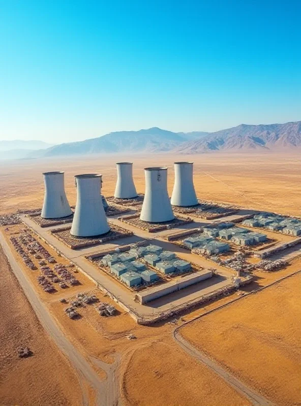 An aerial view of a nuclear power plant in Iran, with a desert landscape in the background.
