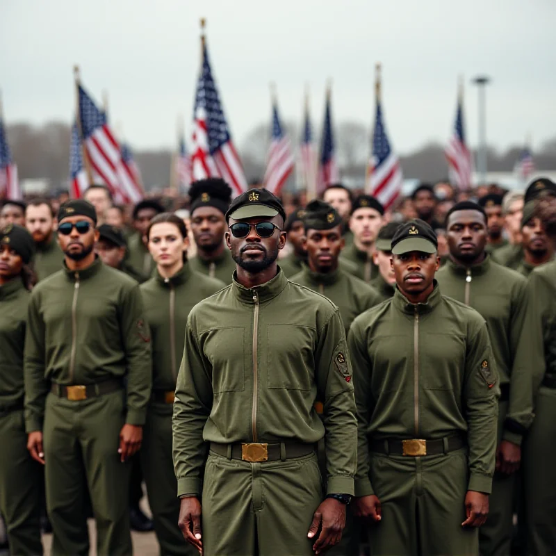 A diverse group of US military personnel standing in formation, representing different races and genders. They are wearing standard military uniforms.