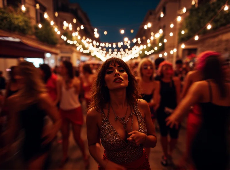 Carnival scene with blurred figures dancing and celebrating, but with a sense of underlying tension.