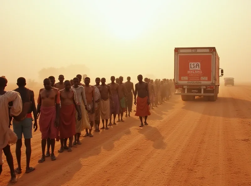 A photo depicting a desperate situation in Sudan, with civilians waiting for food aid, highlighting the role of USAID.