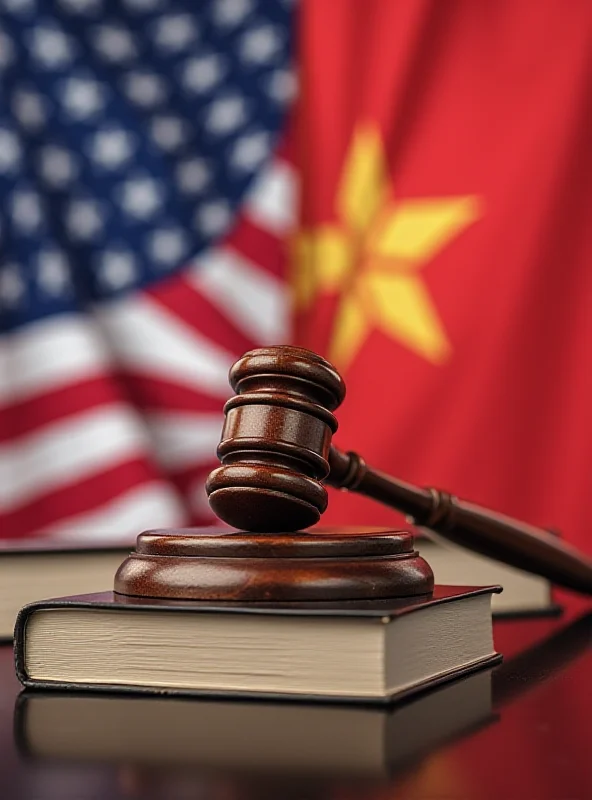 Illustration of a judge's gavel with the flags of Hong Kong and the United States subtly overlapping in the background.