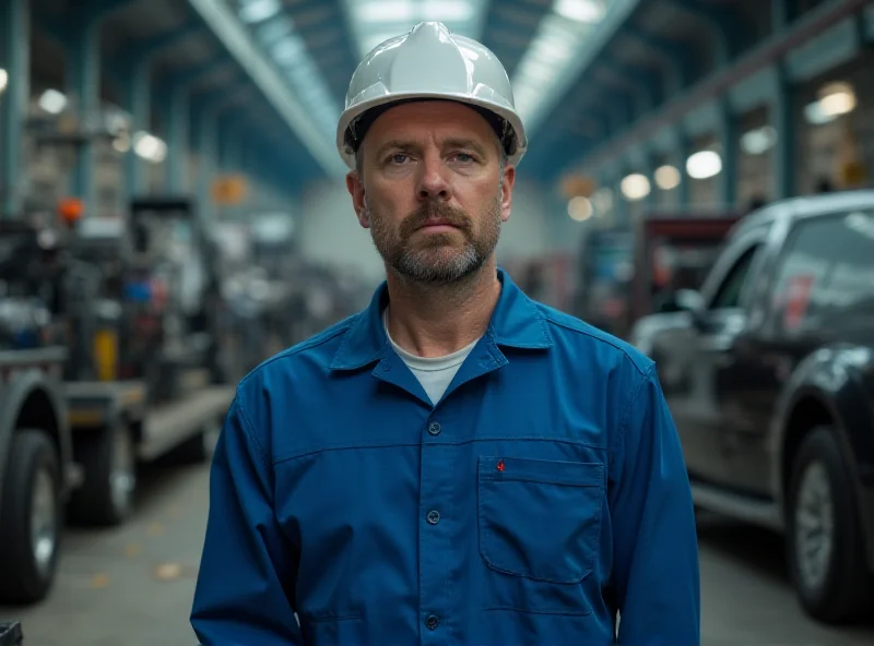 A Canadian factory worker looking concerned with factory equipment in the background.