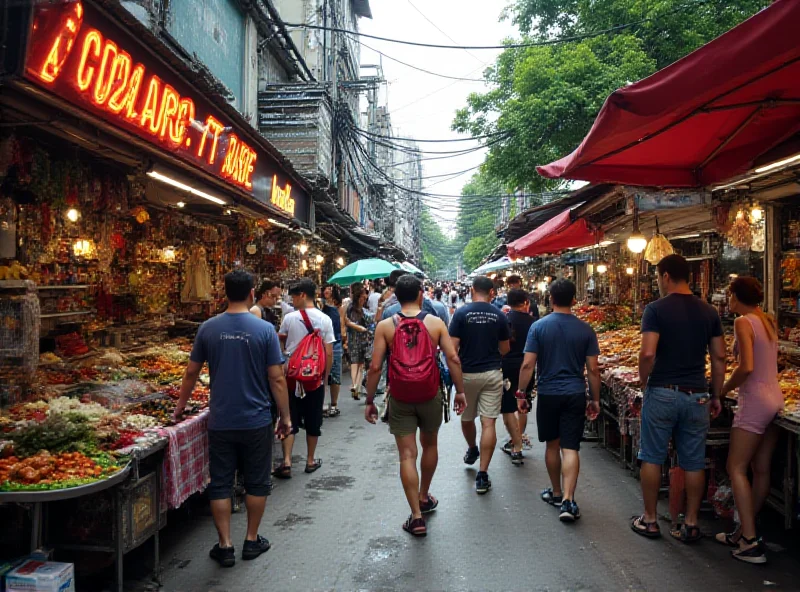 A bustling street scene in Bangkok, Thailand, with tourists and street vendors.