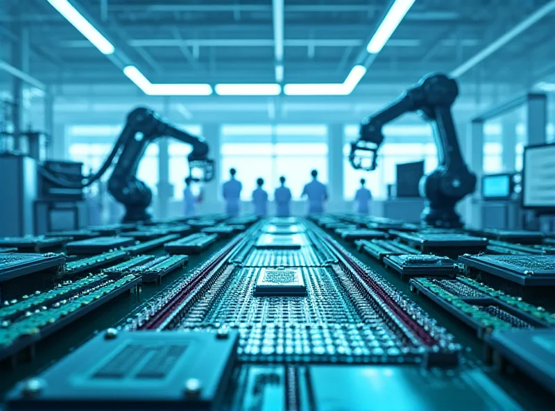 A futuristic factory interior with robotic arms assembling microchips, showcasing advanced technology and manufacturing.