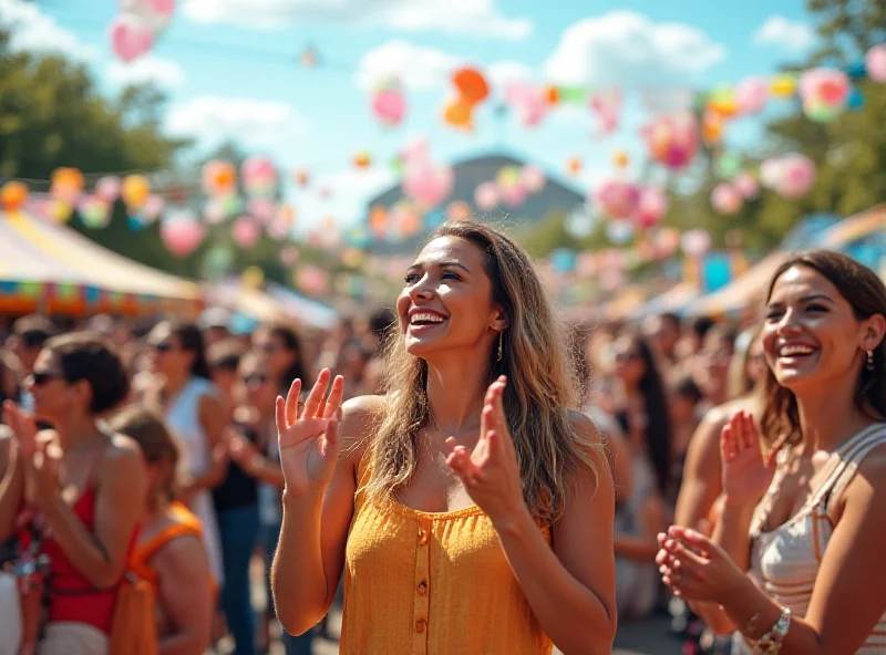 Crowd of people gathered at an outdoor event with a stage in the background. Some people are smiling and clapping.