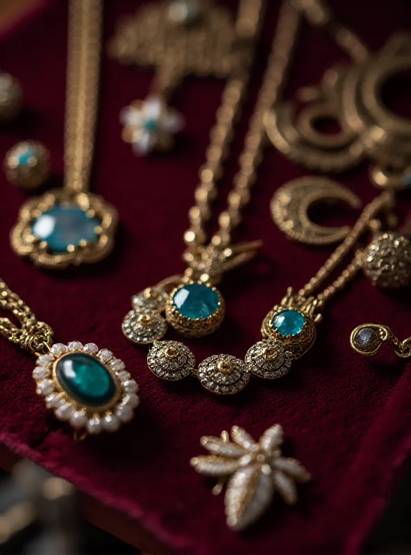 A close-up of antique jewelry, including necklaces, rings, and brooches, displayed on a velvet surface. Soft, diffused lighting highlights the intricate details and vintage charm of the pieces.