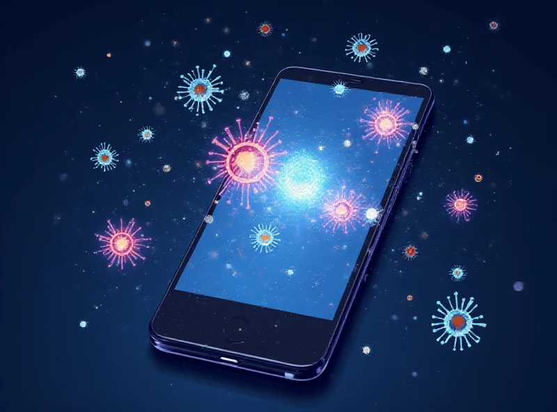 An illustration of a smartphone being attacked by computer viruses, highlighting the vulnerability of Android devices to malware threats
