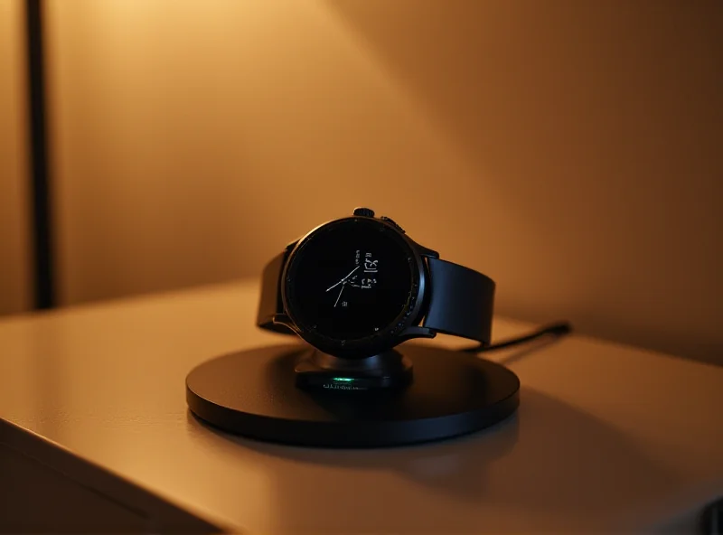 Close-up of a Google Pixel Watch charging wirelessly on a nightstand, showcasing the screen displaying the charging percentage and the surrounding bedroom environment.