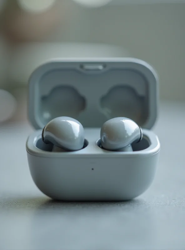 A pair of Google Pixel Buds Pro 2 earbuds resting in their charging case. The case is open, revealing the sleek design of the earbuds and the charging contacts. The background is blurred to focus attention on the product.