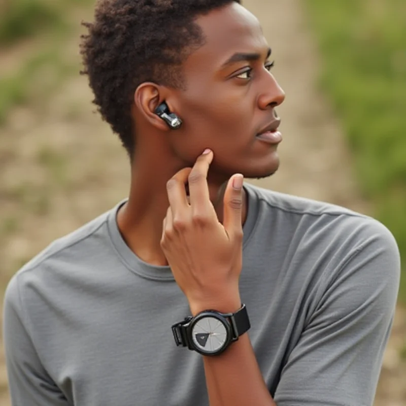A person wearing a Google Pixel Watch on their wrist and Google Pixel Buds Pro 2 earbuds in their ears. The person is outdoors, possibly exercising, and the focus is on showcasing the integrated experience of the two devices.