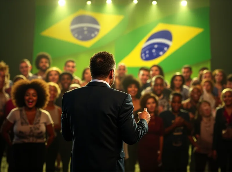 Stylized image of a Brazilian governor giving a speech, with a backdrop of cheering citizens and a Brazilian flag.