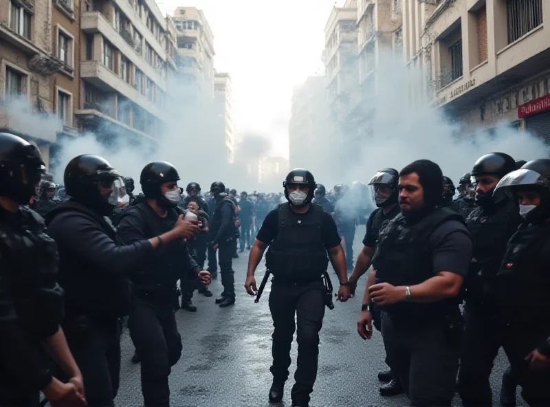 Protesters clashing with police in a Greek city street, with tear gas in the air and some protesters throwing objects.