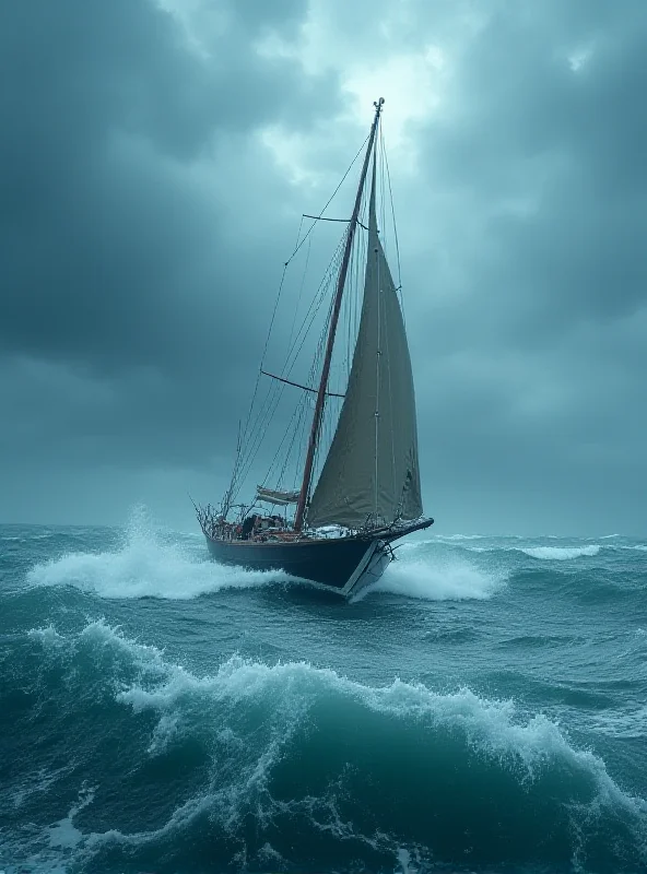 A distressed sailboat in the middle of a stormy ocean, with dark clouds and large waves surrounding it.