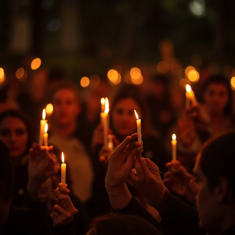 A group of people holding candles and signs at a vigil, with a somber and reflective atmosphere.